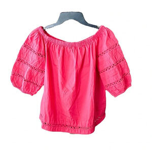 Crown & Ivy snap back bell sleeve oversized cotton peasant top SZ S hot pink
